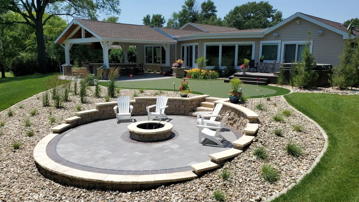 Concrete paver patio with herringbone pattern