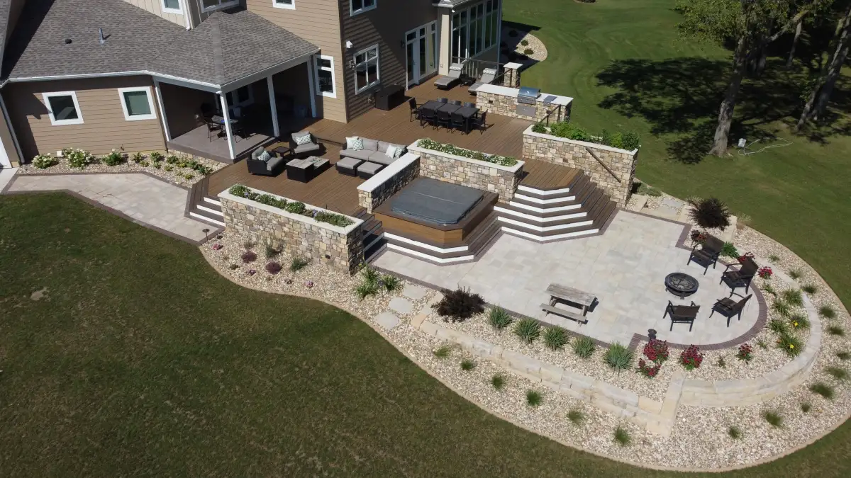 Aerial view of a completed Matthias Landscaping hardscape project in Waterloo, Iowa