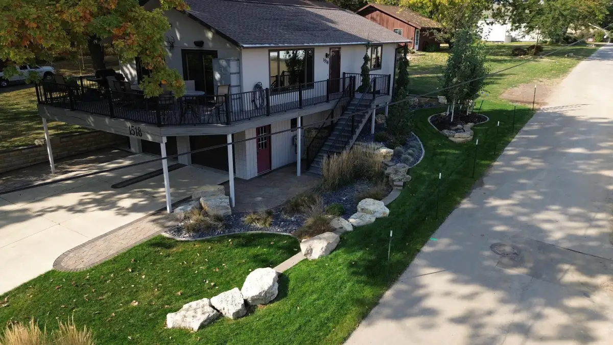 Aerial view of a completed hardscape project by Matthias Landscaping in Waterloo Iowa