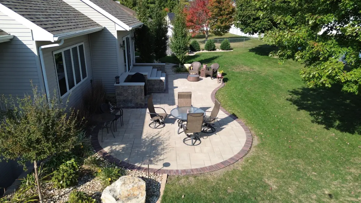 Aerial view of a completed hardscape project by Matthias Landscaping in the Cedar Valley