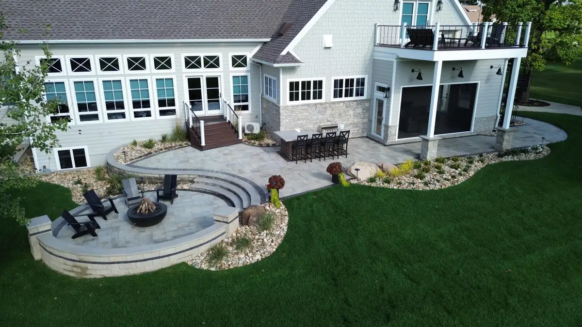 Aerial view of completed outdoor living and hardscape project in northeast Iowa
